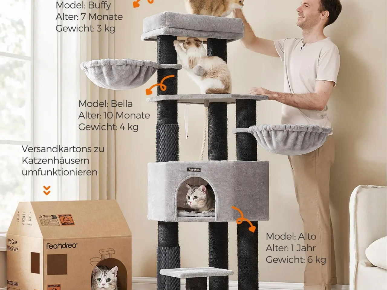 Billede 2 - Kattetræ til store katte - FEANDREA, robust kradsetræ med selvopvarmende puder, 2 selv-plejere, 9 kradsepæle, stor liggeplads, hule og kurve, 50 × 50 × 160 cm, duegrå/sort