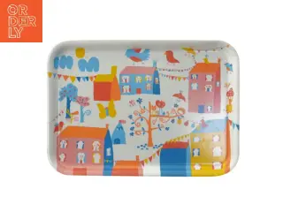 Farverigt serveringsbakke med bymotiv fra IKEA (str. 28x20 cm)