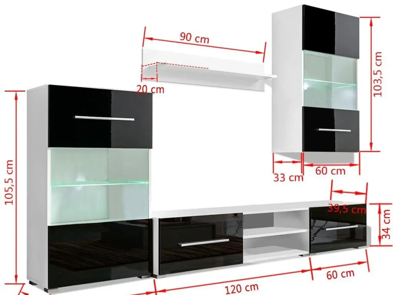 Billede 9 - Skabssæt med tv-bord og LED-lys, 5 dele - sort/hvid