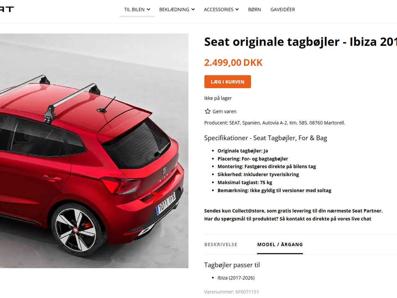 Billede 1 - Nye SEAT IBIZA tagbøjler sælges 