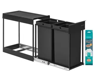 Indbygget køkkenspand med udtræk - 2 x 15 l dobbelt rum, stålskinne og ABS-låg, ink black