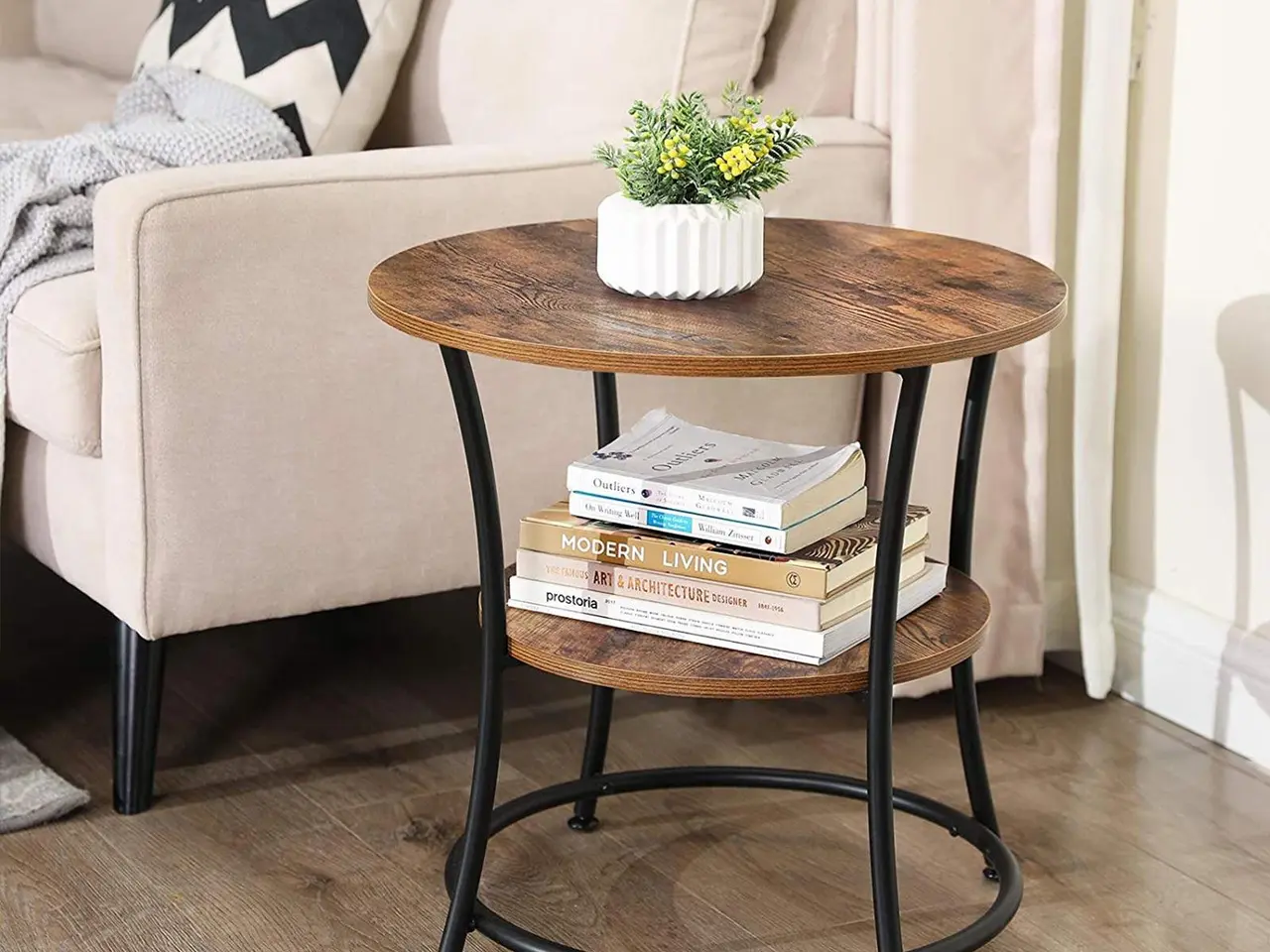 Billede 4 - Rundt sidebord med 2 hylder - rustik brun
