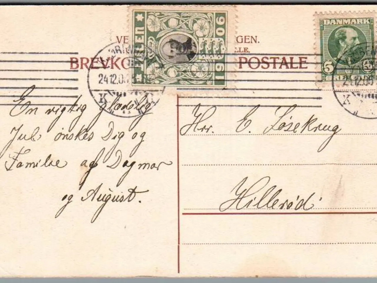 Billede 1 - Julemærke 1906 på Postkort - Stemplet 24 - 12 - 1906