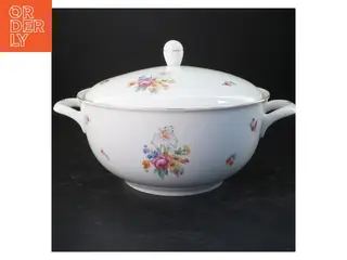 Porcelæns serveringsskål med låg og blomsterdekoration (str. 35x22 cm)