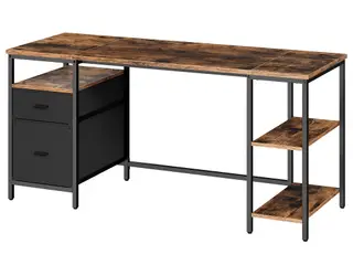 Skrivebord med 3 hylder og 2 skuffer - rustik brun/matsort