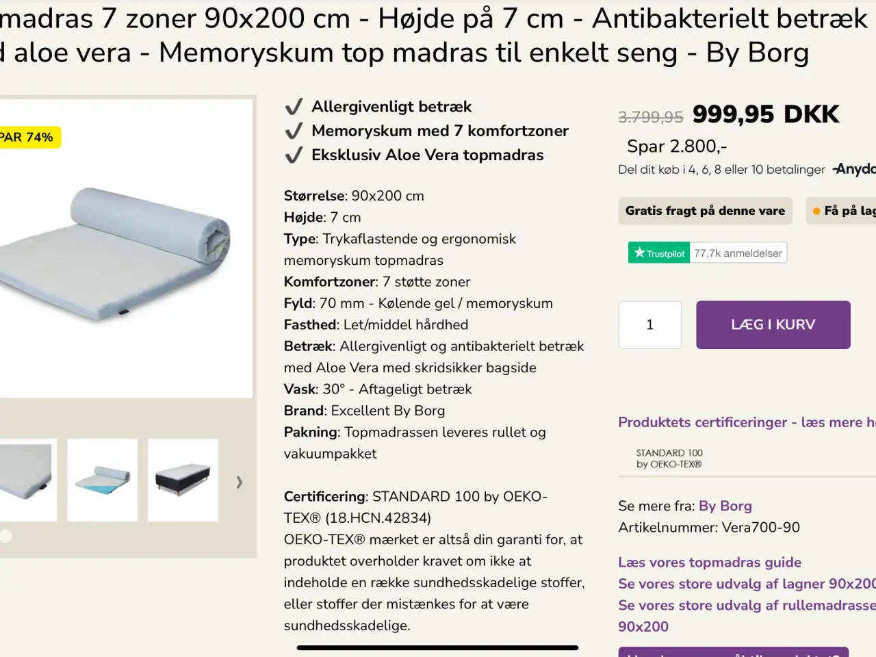 Billede 2 - Top madras ubrugtmed memory skum 90 × 200