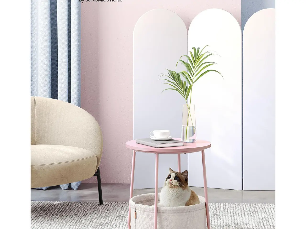 Billede 2 - Rundt sidebord med stofkurv - pastelrosa/Cloud White