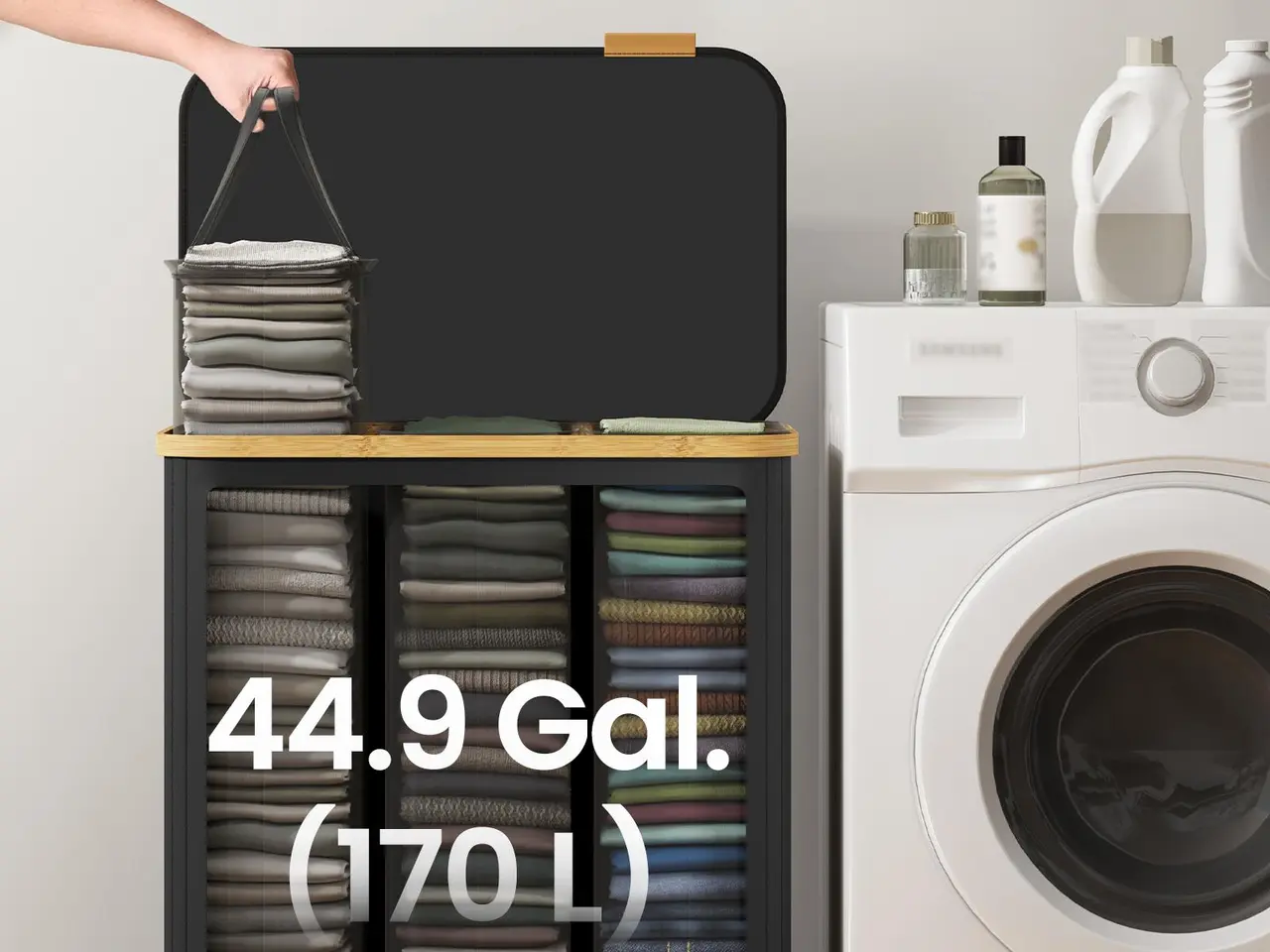 Billede 5 - Vasketøjskurv med låg og 3 rum 170 l - Ink Black