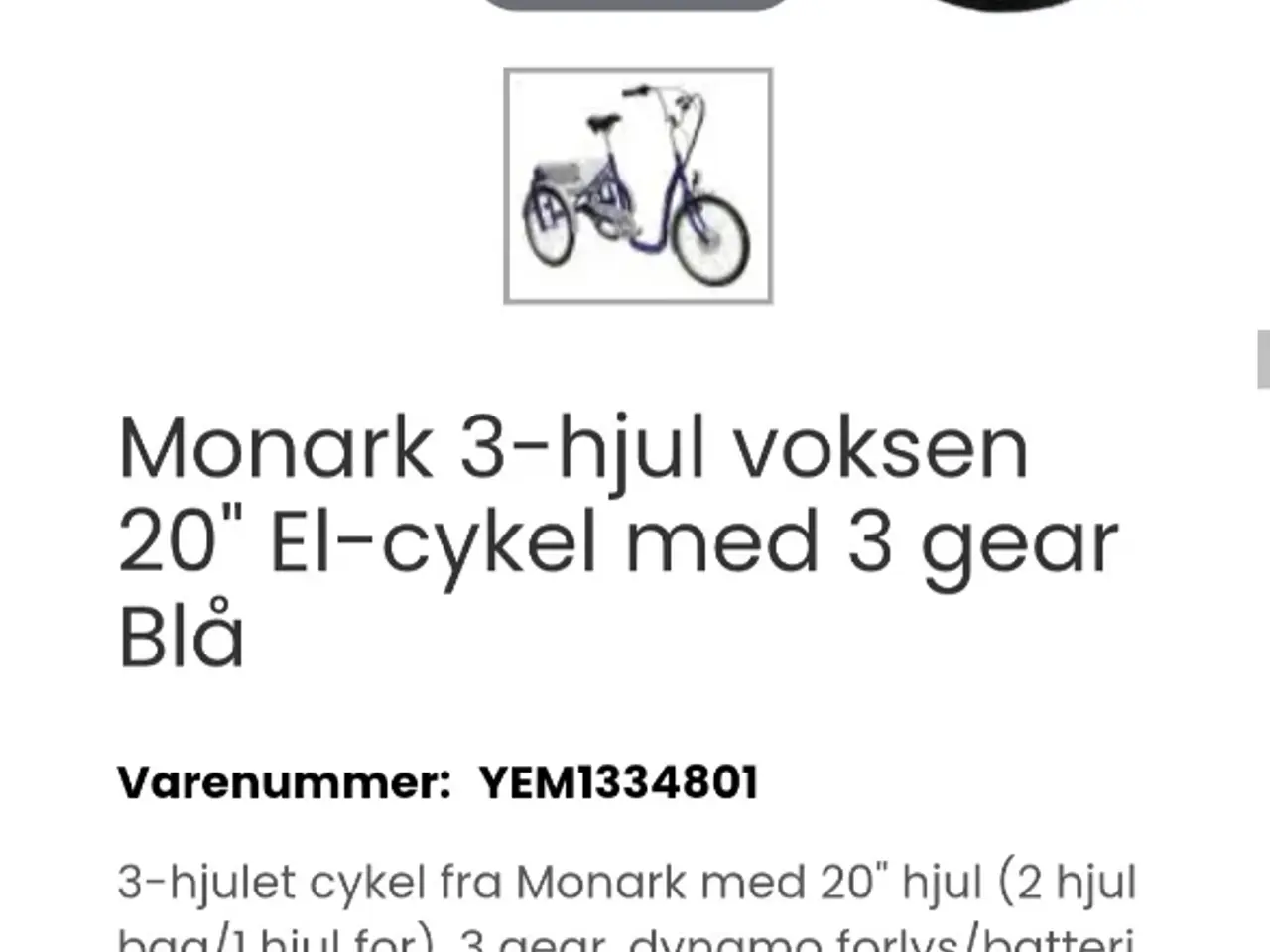 Billede 2 - Monark 3-hjul voksen 20" El-cykel med 3 gear