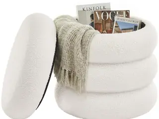 Opbevaringspuf rund med låg i teddyfleece 43 x 47 cm - hvid