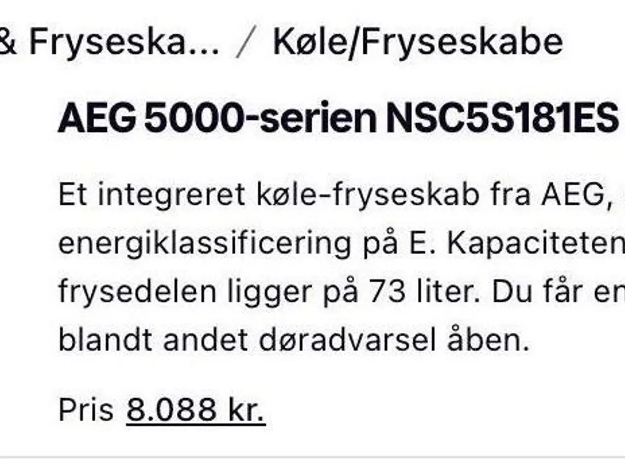 Billede 1 - AEG integrerbar  køle/ fryseskab  ny 