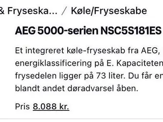 AEG integrerbar køle/ fryseskab ny