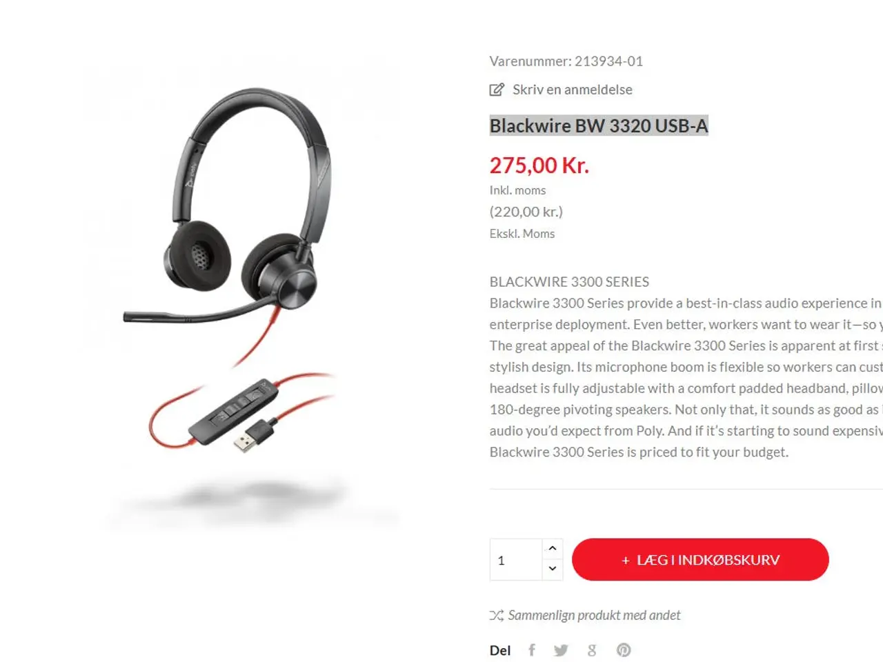 Billede 2 - Poly/Plantronics Blackwire 3320 USB-A headset