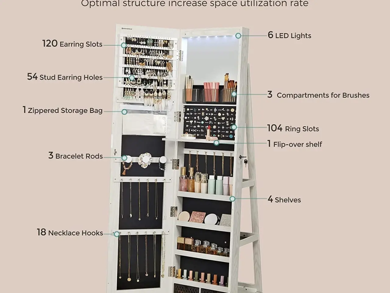 Billede 3 - Smykkespejl med skab Jewellery Cabinet JJC007W01, hvid træstruktur