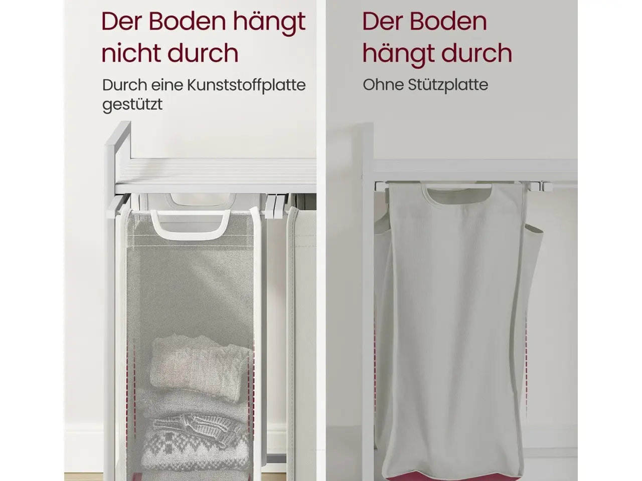 Billede 6 - Vasketøjskurv med 3 rum udtrækkelige poser, hylde, metalramme, 3 × 38 l, 92,5 × 33 × 72 cm, hvid