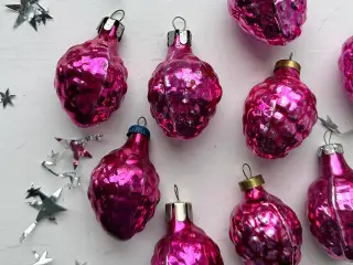 Vintage julekugler, pink hindbær, pr stk