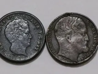 2 danske mønter – 1 Rigsbank Skilling, 1842, 1852