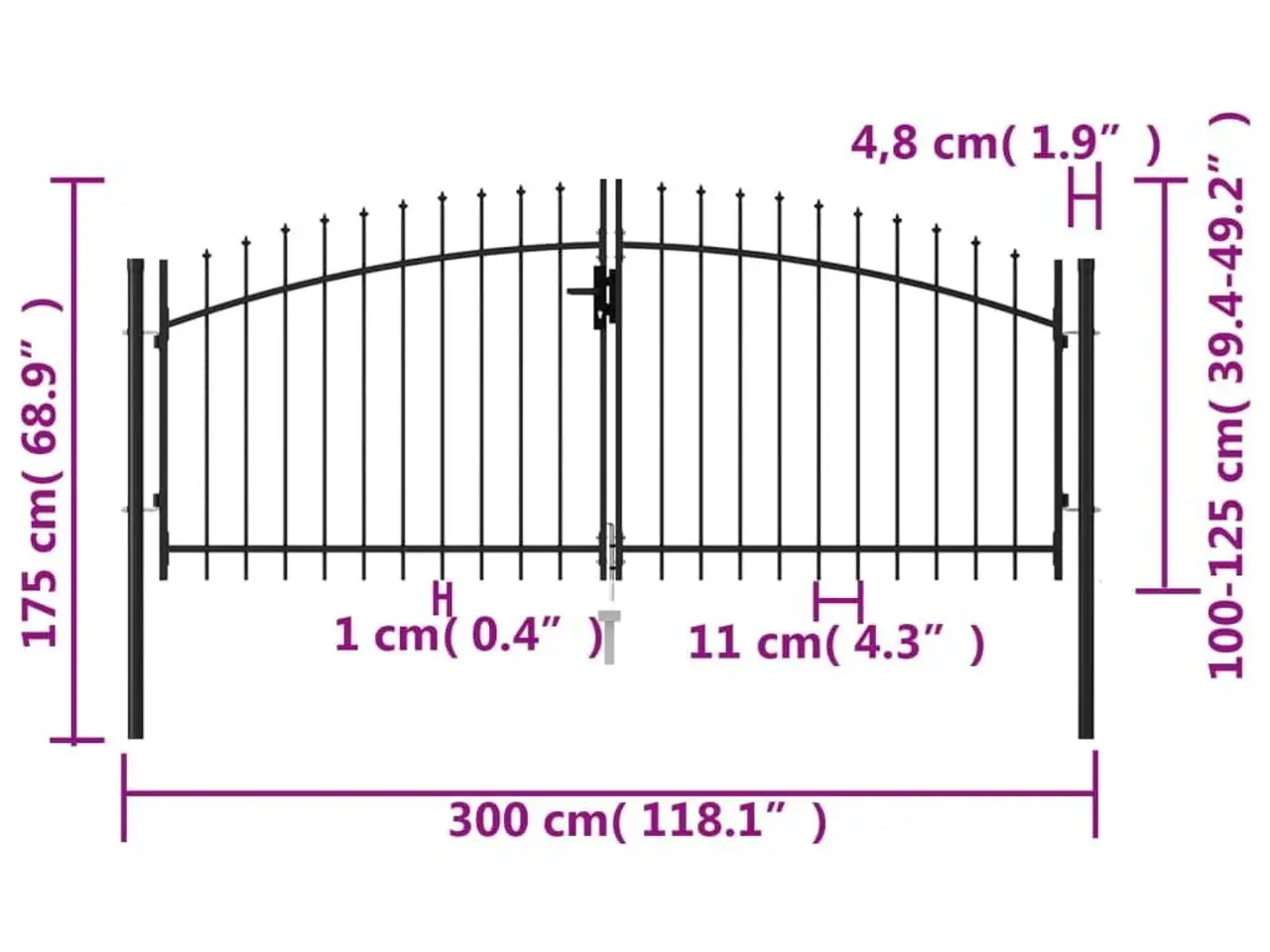 Billede 5 - Hegnslåge med dobbeltdør og spydtop - Woerden 299,5 × 174,5 cm, sort