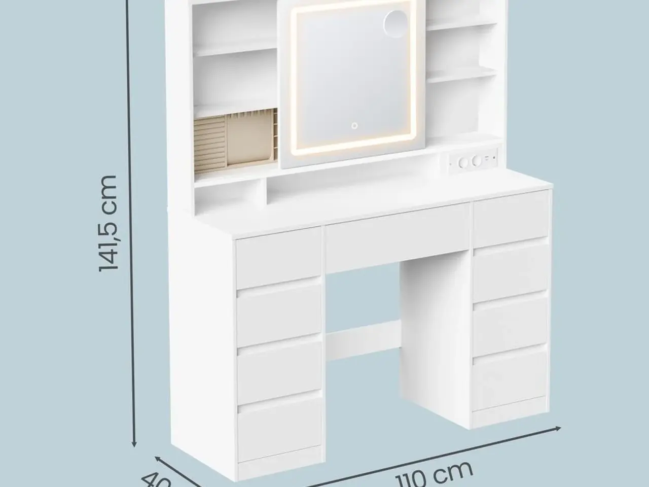 Billede 3 - Toiletbord med LED-spejl, smykkeopbevaring og 9 skuffer - hvid