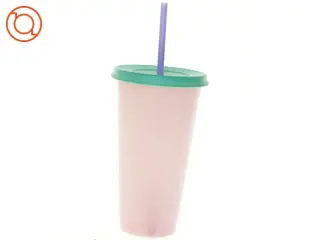 Plastik drikkekop med låg og sugerør (str. 18 cm)