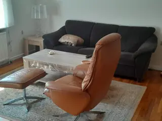 Lænestol, skammel, sofa, sofabord, lampe og tæppe