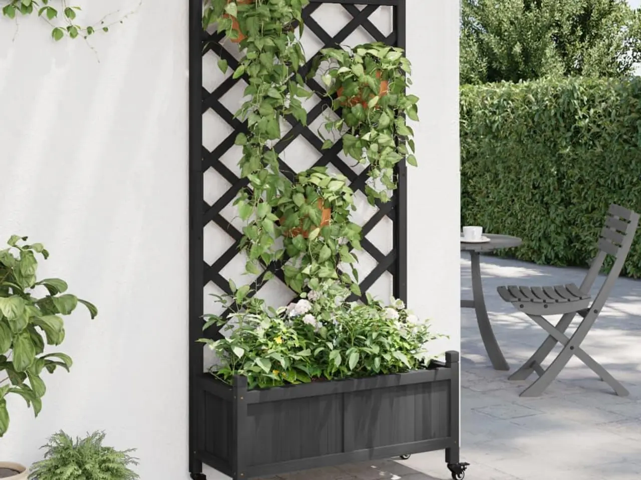 Billede 3 - Plantekasse med espalier og hjul massivt fyrretræ sort