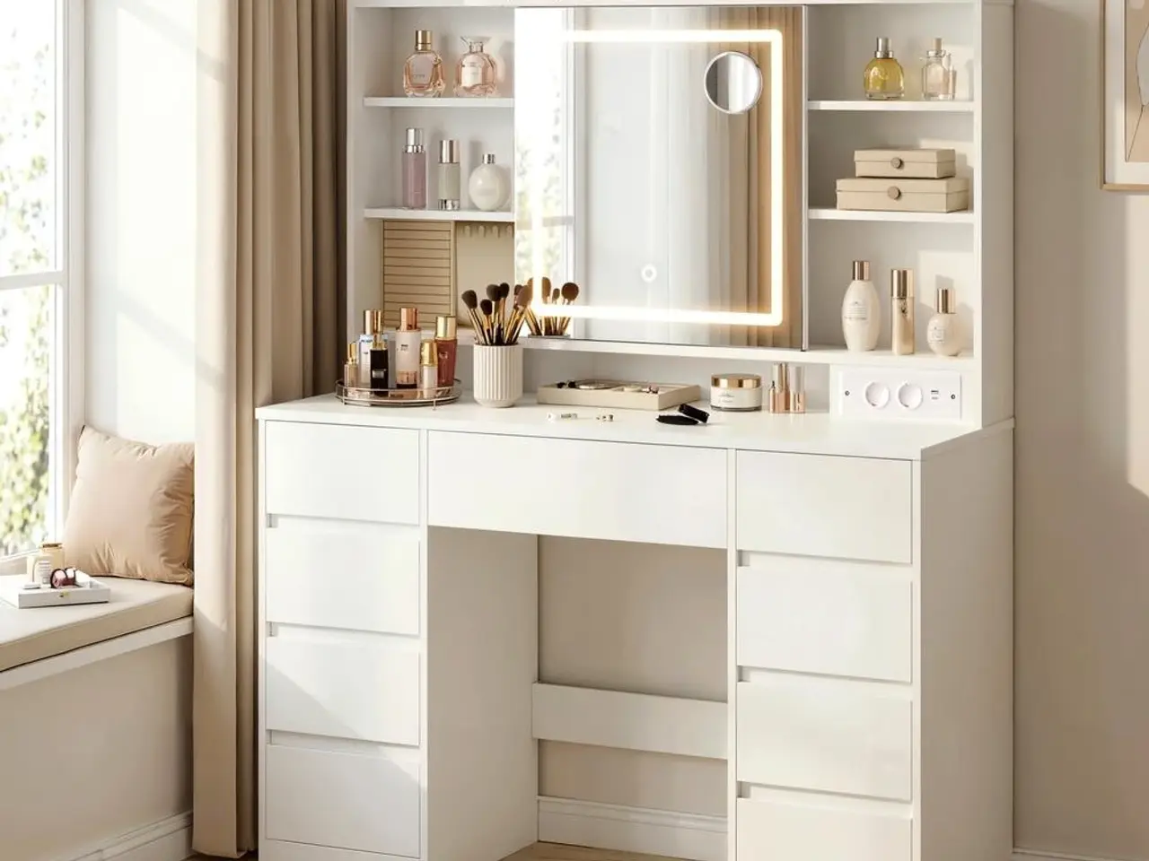 Billede 4 - Toiletbord med LED-spejl, smykkeopbevaring og 9 skuffer - hvid