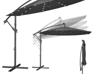Hængeparasols med solcelledrevne LED-lys, 3 m - grå, med krydsfod og krank, UPF 50+
