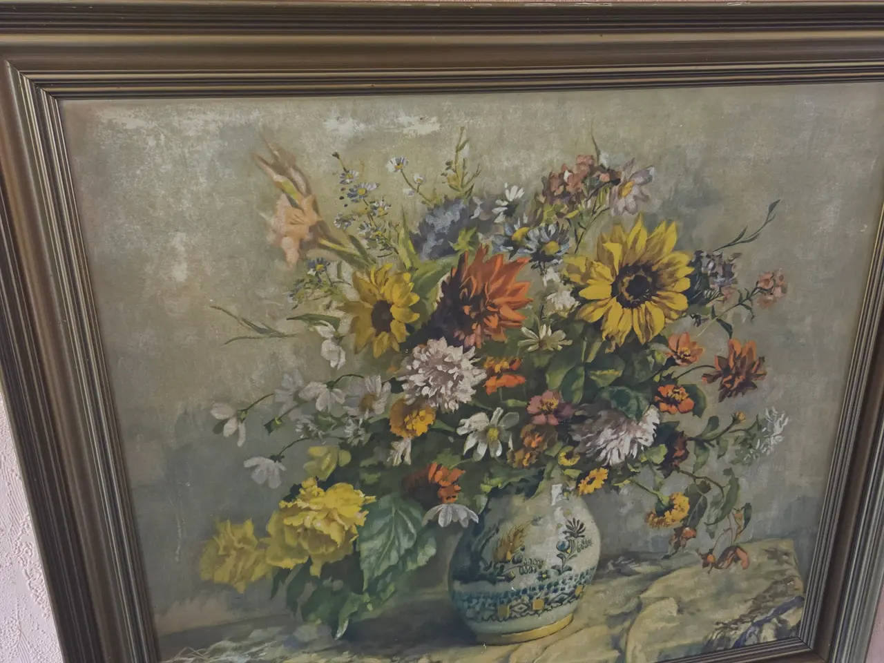 Billede 4 - Blomsterbillede i guld/bronze-farvet ramme 