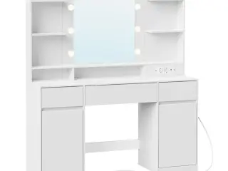 Makeupbord med spejl og LED - Kailyn, 2 skabe, 3 skuffer, 5 hylder, 9 dæmpbare pærer, skydebeslag uden værktøj - cloud hvid