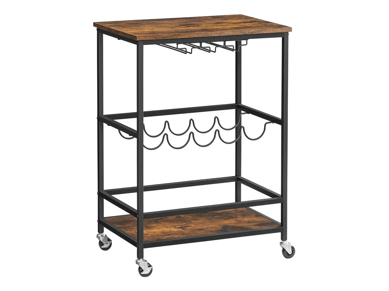 Billede 1 - Rullebord med vin- og glasholder industrielt design, 60 × 40 × 75 cm, rustik brun/sort