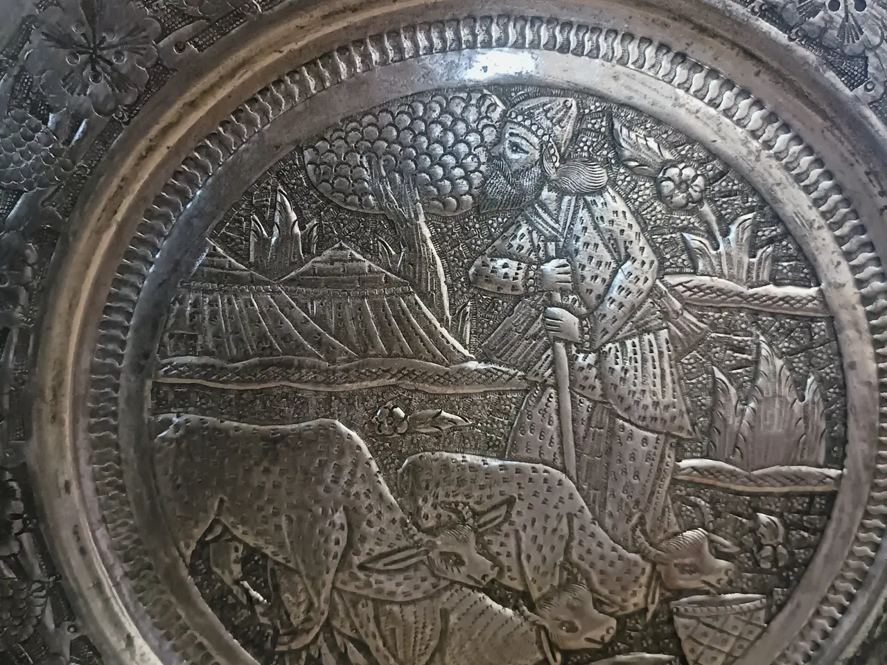 Billede 3 - Sølvbelagt Platter, Persiske, Antik, hånd indgrave