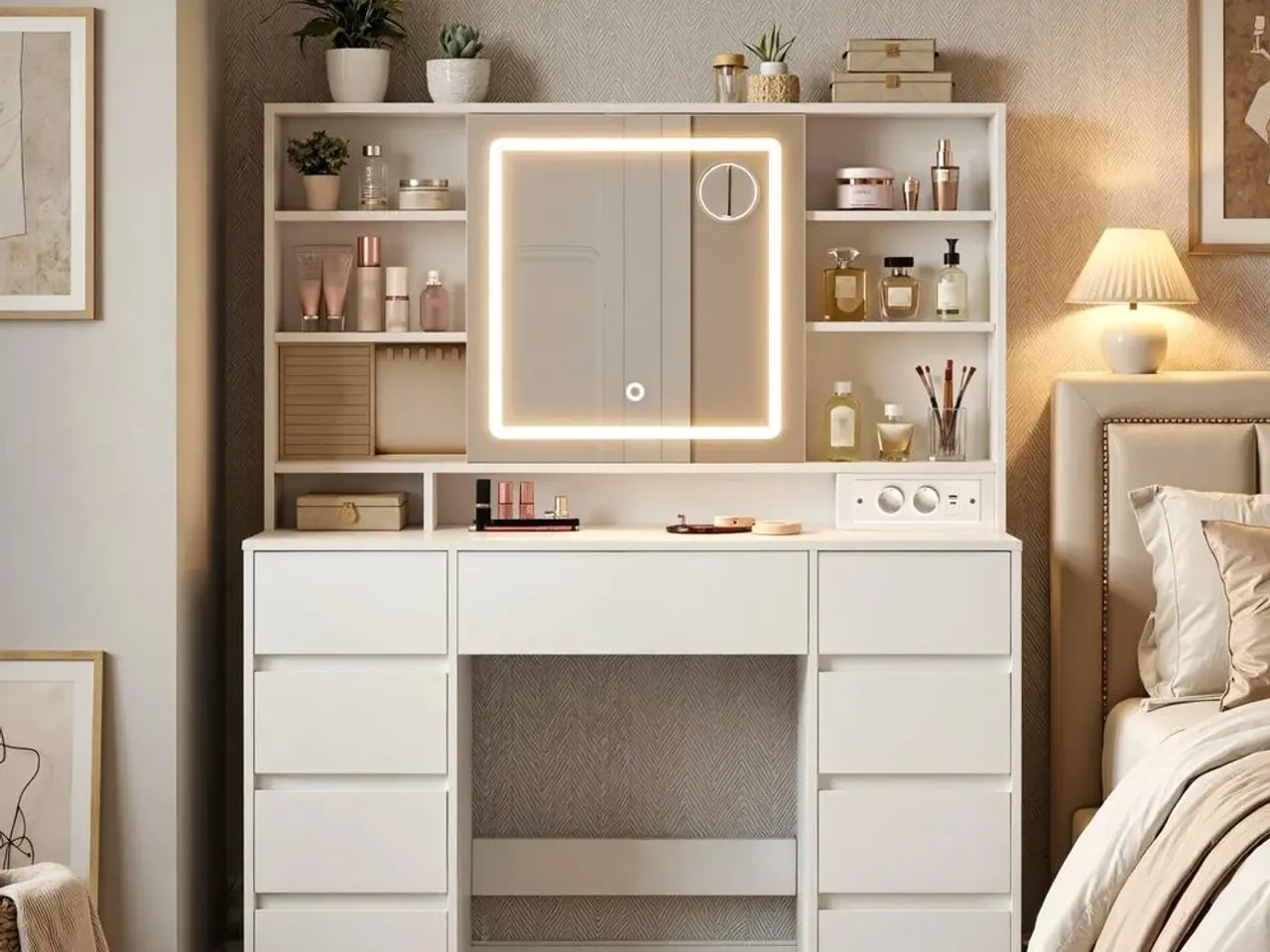 Billede 5 - Toiletbord med LED-spejl, smykkeopbevaring og 9 skuffer - hvid