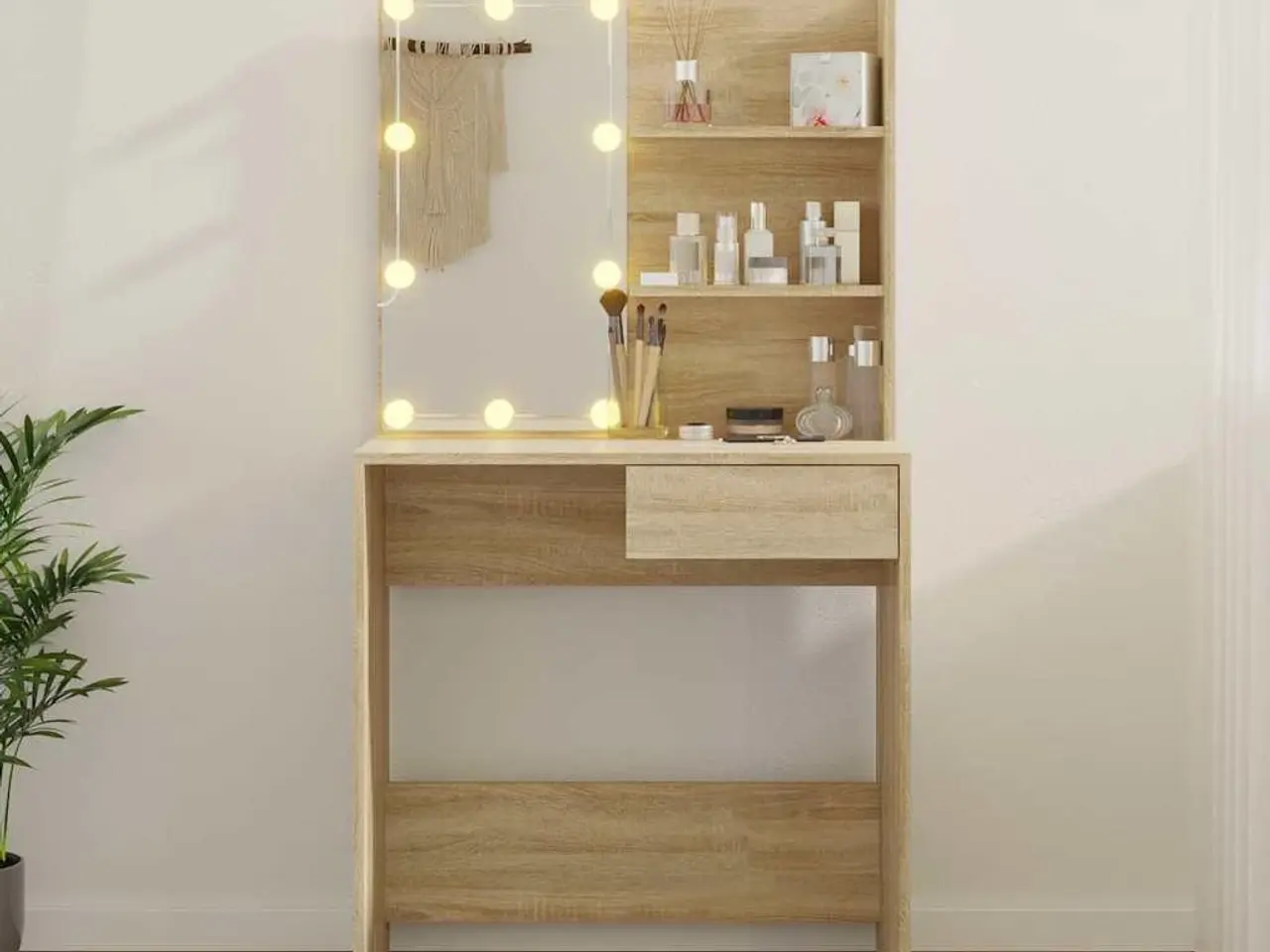Billede 4 - Makeupbord med LED-lys 74,5x40x141 cm konstrueret træ sonoma-eg