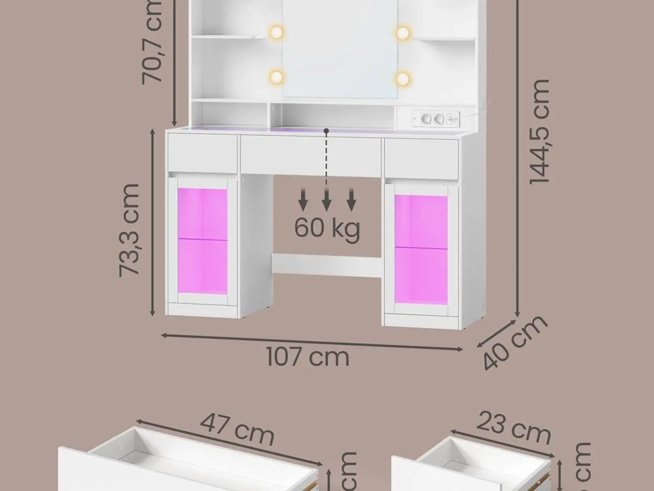 Billede 3 - Toiletbord med LED-spejl, RGB-belysning og glastop - hvid
