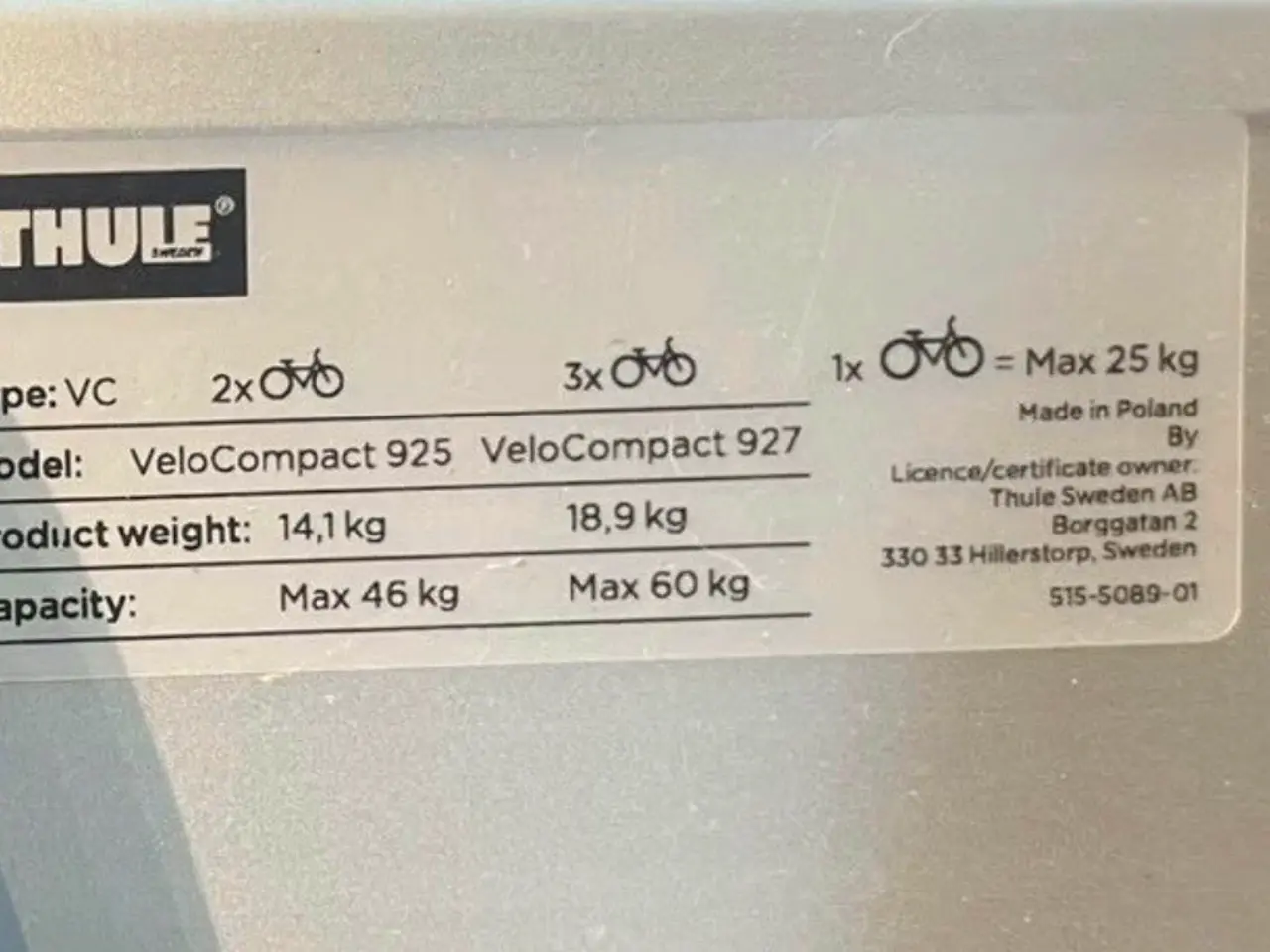 Billede 4 - Thule VeloCompact 925 – cykelholder til 2 cykler