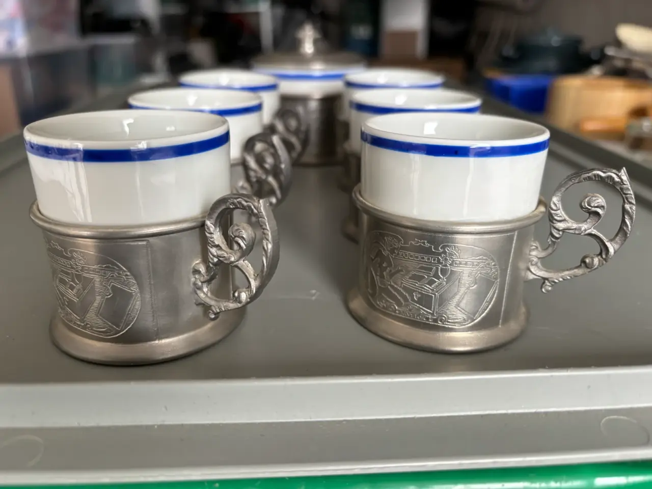 Billede 1 - Mokka - og kaffesæt i en kombination af tin og hvi