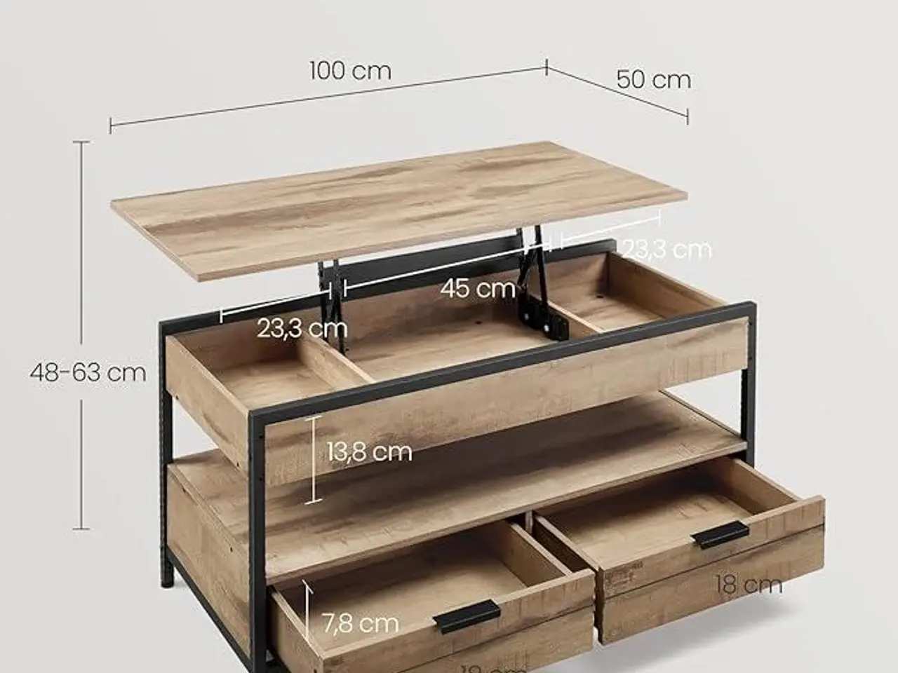 Billede 3 - Sofabord med hævebar bordplade, skuffer og opbevaring - camel brown/sort