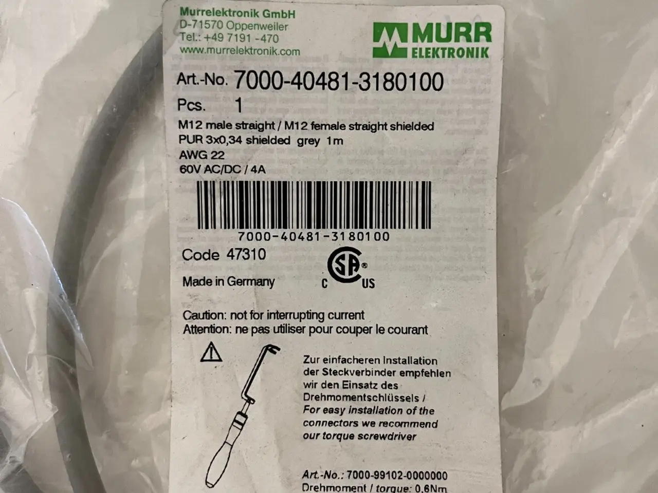 Billede 1 - Murrelektronik 7000-40481-3180100 M12 Shielded 1m