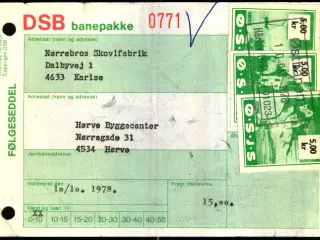 Banepakke DSB/Ø.S.J.S. - Følgeseddel - 10 - 10 - 78 - 3x5,00 Kr. - Stemplet