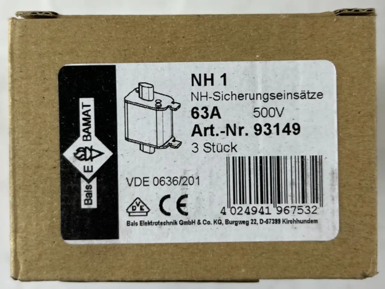 Billede 1 - 3x Bals E‑BAMAT NH1 Fuse Inserts 63A 500V gG ETI