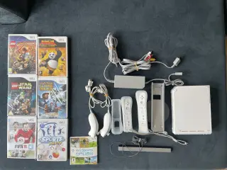 Wii kontrol, tilbehør og 5 spil