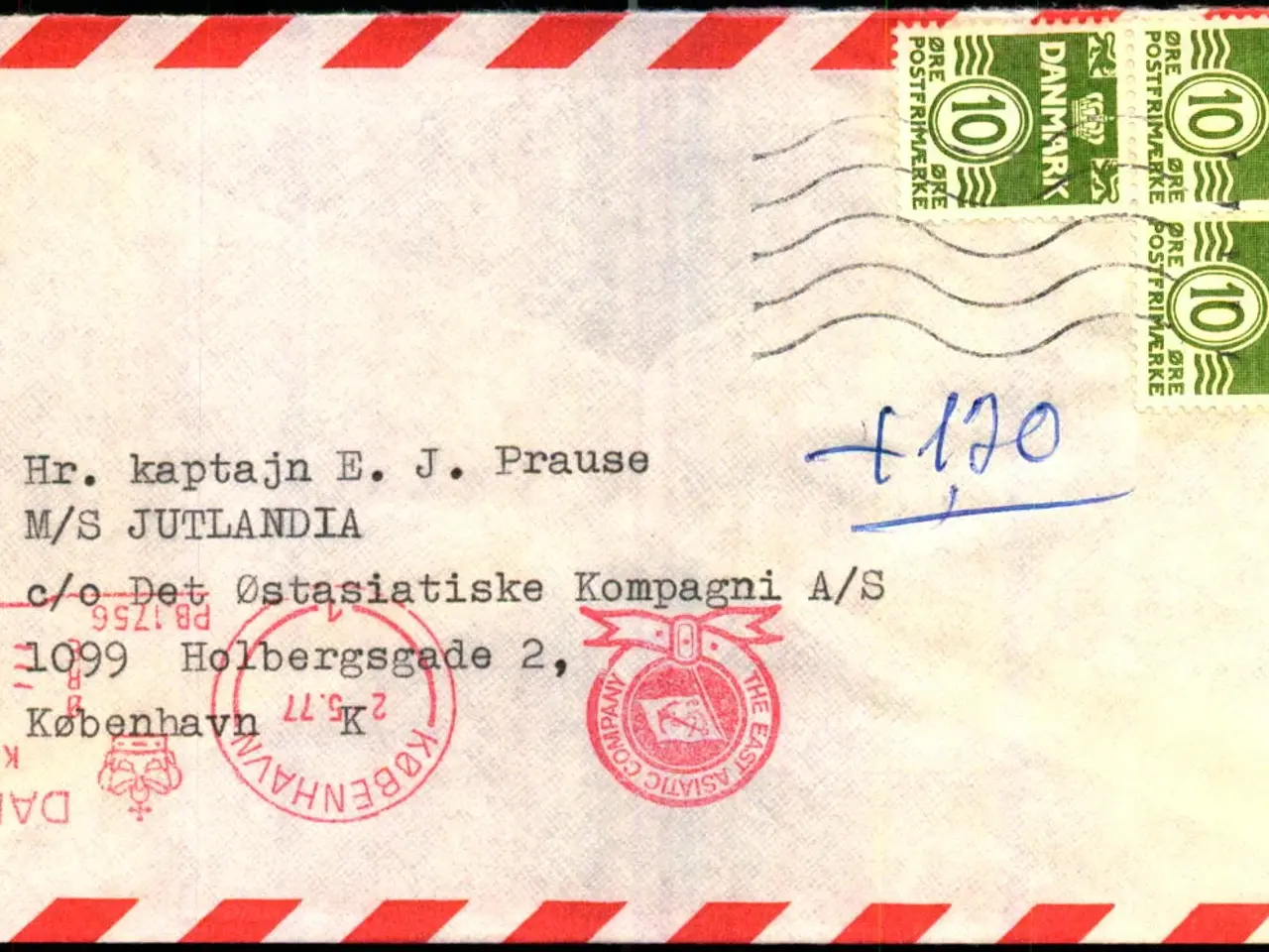 Billede 1 - Efterporto - Brev fra Fredensborg til M/S Jutlandia 1 - 5 - 1977 - Efterporto 1,20 Øre