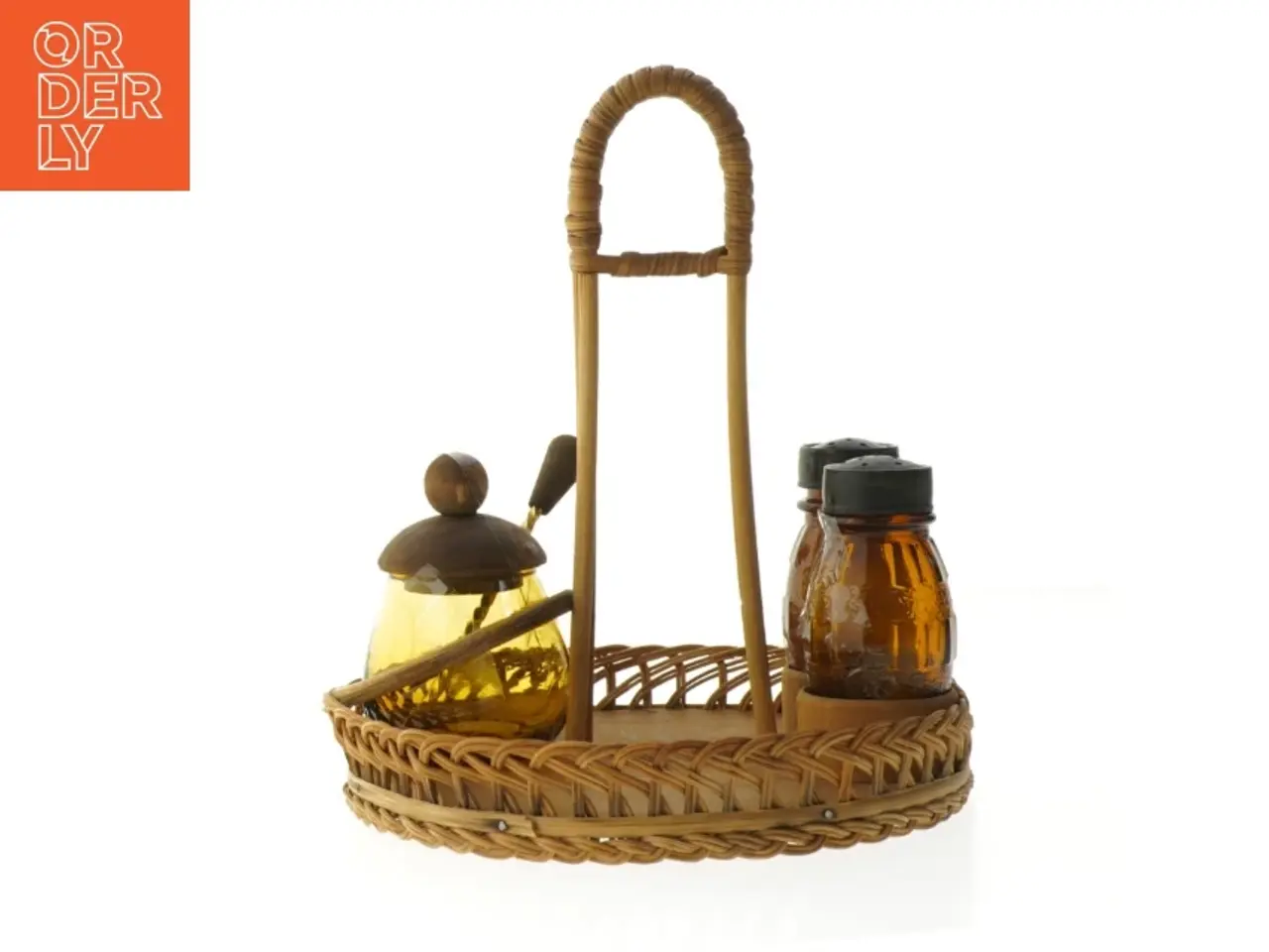 Billede 1 - Vintage Plat de Menage Teaktræ & Flet Serveringssæt (str. Ø. 18 cm. længde. 24 cm)