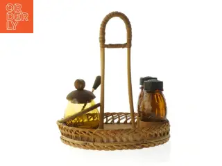Vintage Plat de Menage Teaktræ & Flet Serveringssæt (str. Ø. 18 cm. længde. 24 cm)