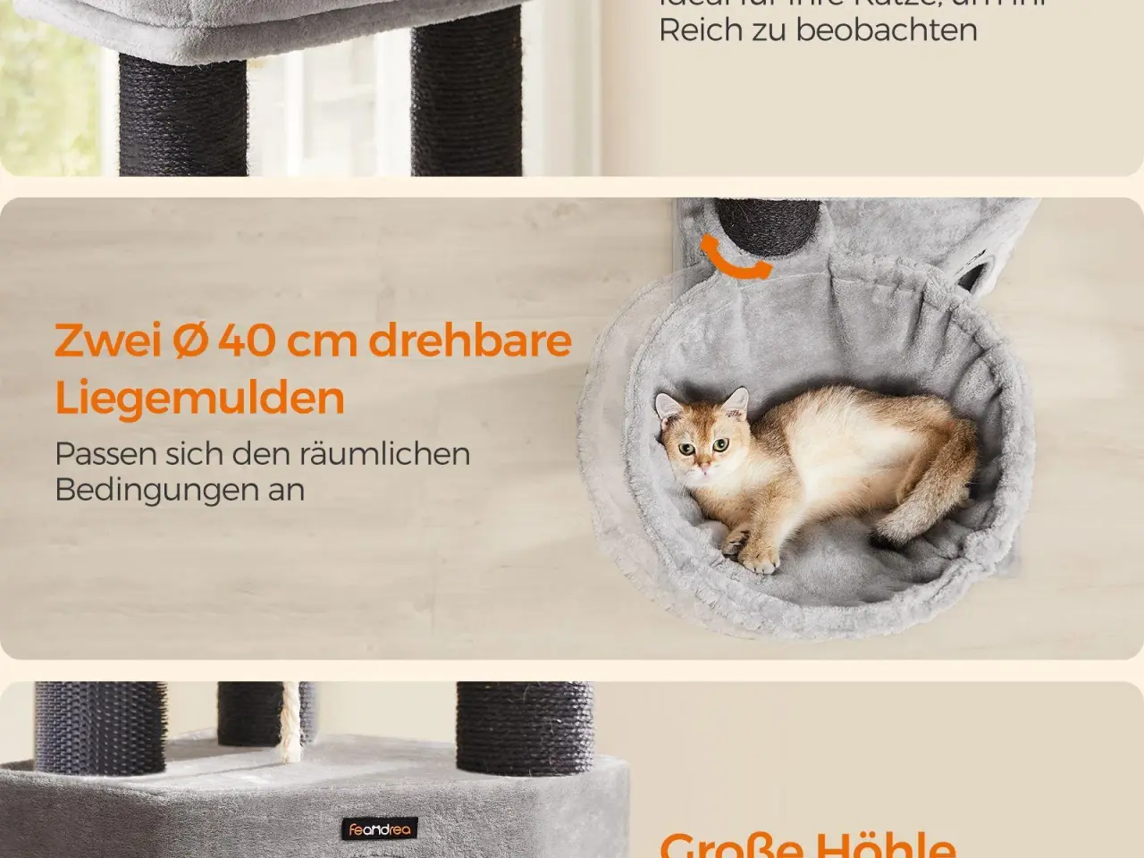 Billede 3 - Kattetræ til store katte - FEANDREA, robust kradsetræ med selvopvarmende puder, 2 selv-plejere, 9 kradsepæle, stor liggeplads, hule og kurve, 50 × 50 × 160 cm, duegrå/sort