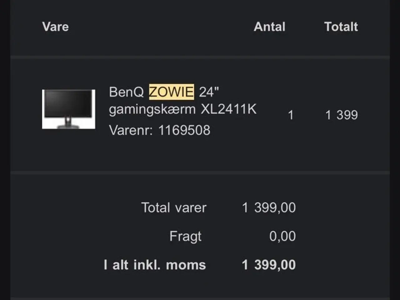 Billede 2 - BenQ 24” 144 hz gaming skærm