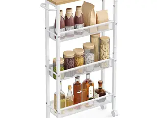 Smalt rullebord med 4 hylder og hjul - eg/hvid, 13 x 45,4 x 77 cm