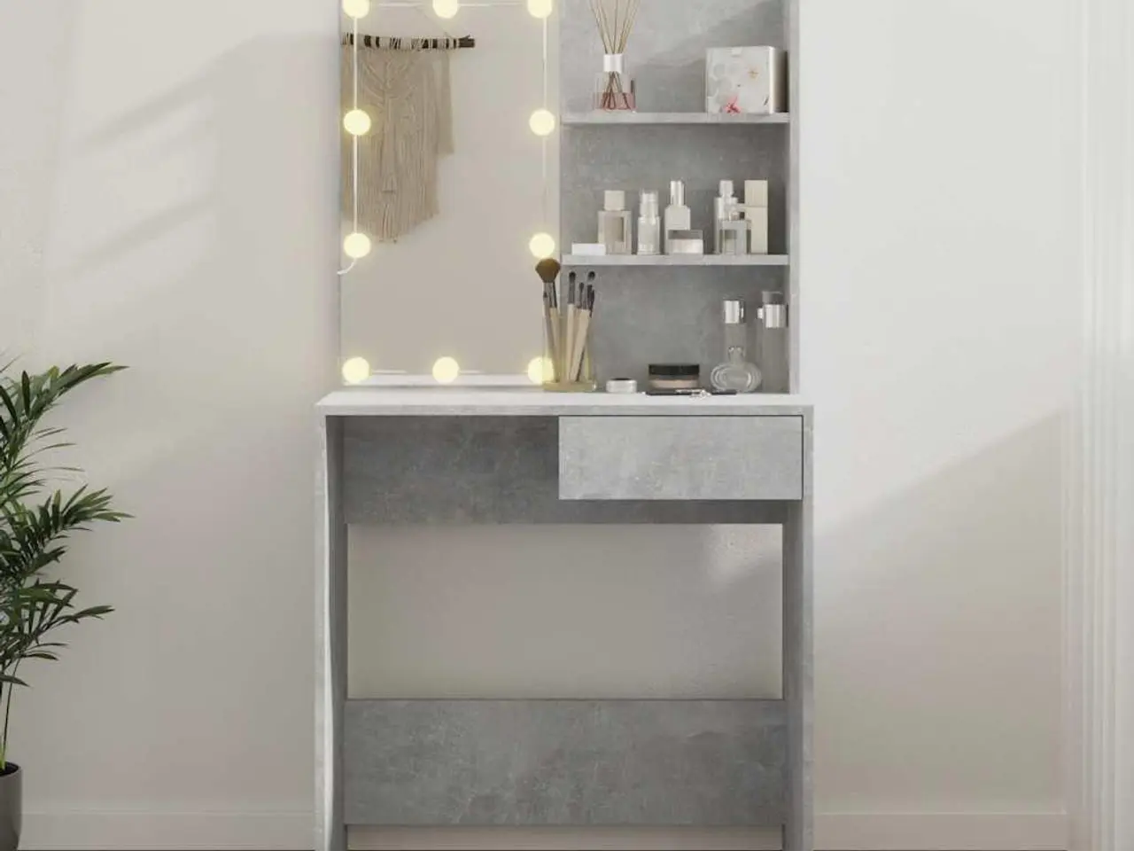 Billede 4 - Makeupbord med LED-lys - 74,5 × 40 × 141 cm, betongrå