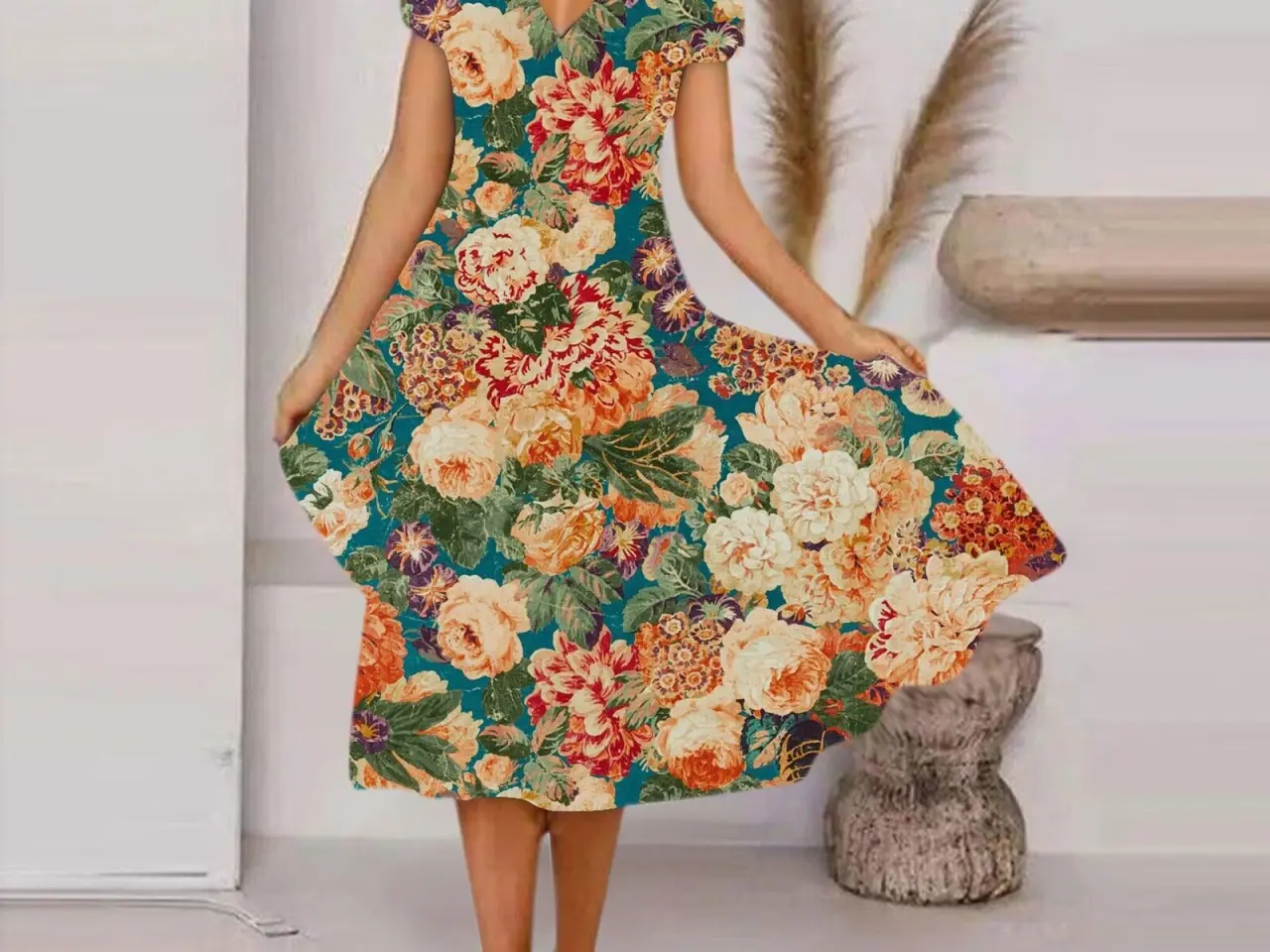 Billede 1 - kjole Blomstret med korte ærmer/medi/Medium-large